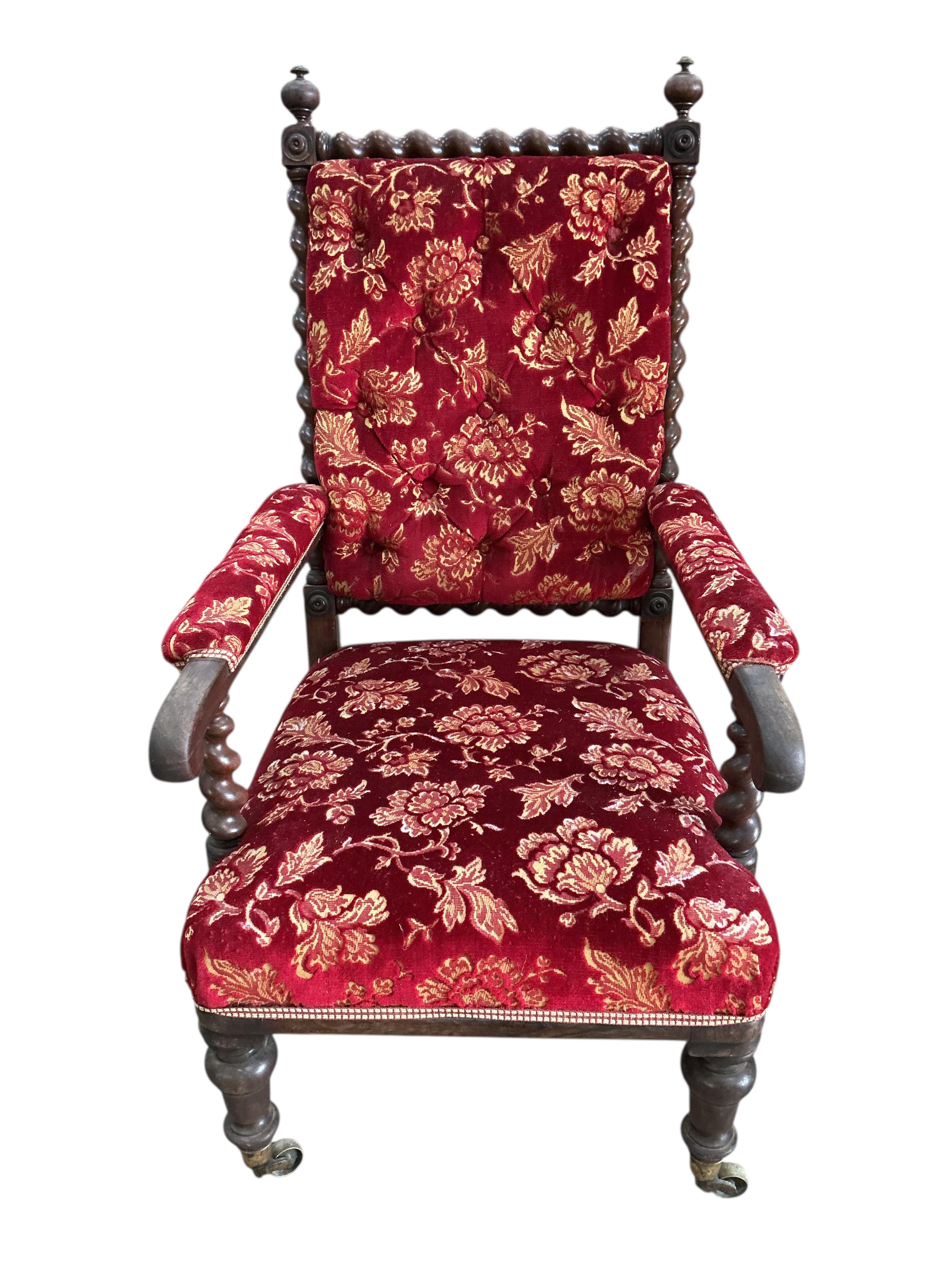 A Victorian upholstered armchair with spiral turned frame, width 60cm, depth 60cm, height 108cm